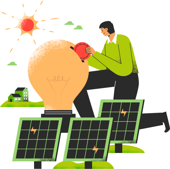 Ilustração de técnico ajustando equipamento ao lado de painéis solares sob o sol — energia solar fotovoltaica e sustentabilidade.
